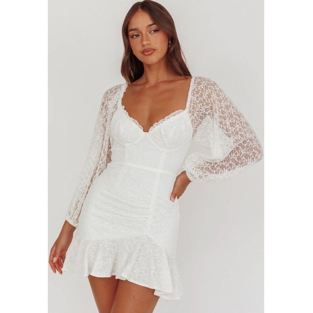Selfie Leslie L Halley Balloon Sleeve Frill Bust Flounce Hem Lace Dress White - Picture 4 of 9